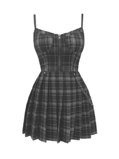Gothic Lolita plaid mini dress with spaghetti straps, Y2K egirl punk style, ideal for emo alt streetwear fashion.