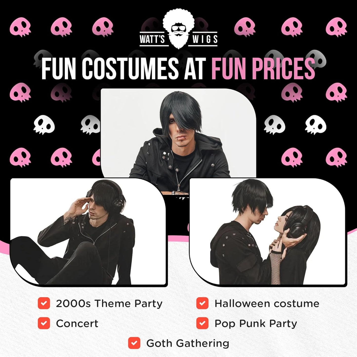 - Emo Costume Set for Men - 2000S Goth Pop Punk Scene Kid Party - Black Wig, Fake Piercings and Checkered Wristbands