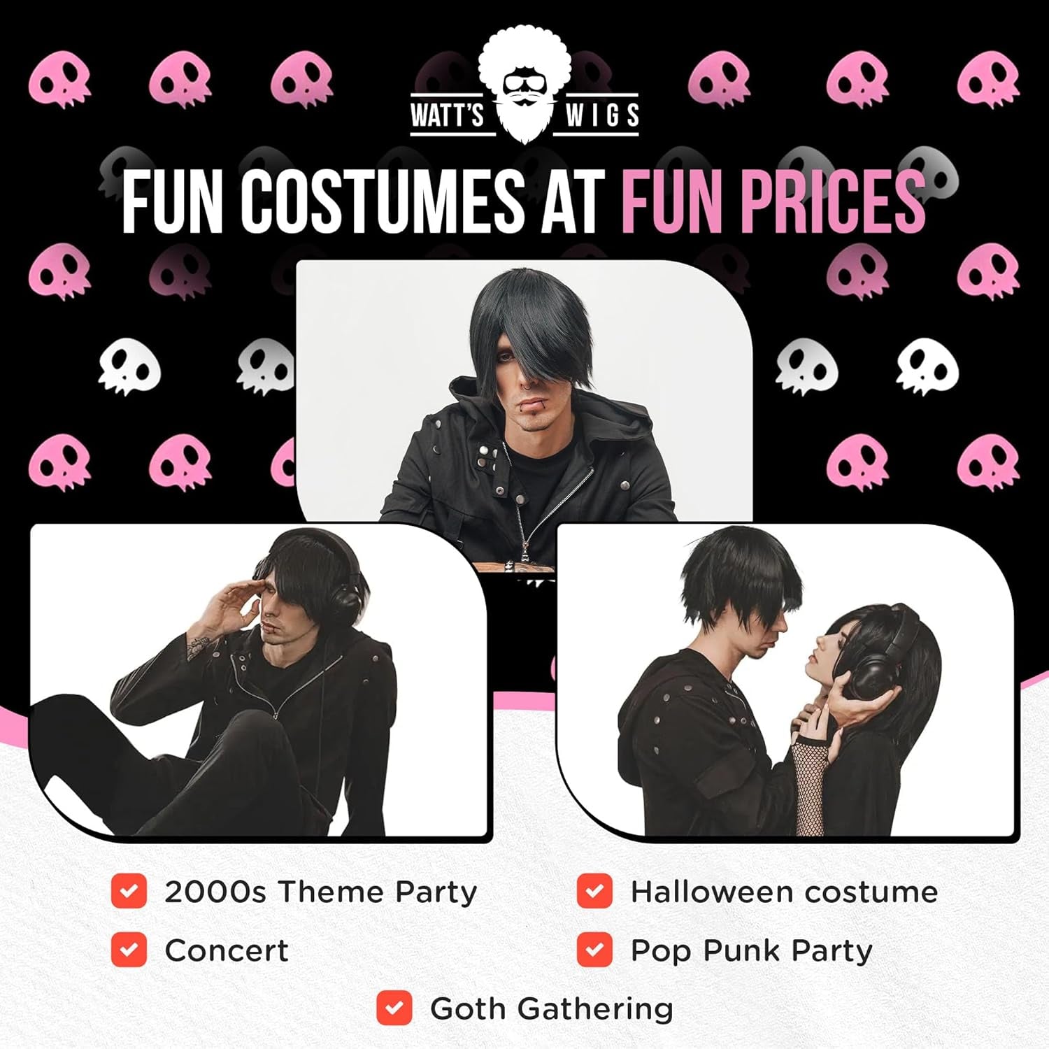 - Emo Costume Set for Men - 2000S Goth Pop Punk Scene Kid Party - Black Wig, Fake Piercings and Checkered Wristbands