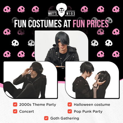 - Emo Costume Set for Men - 2000S Goth Pop Punk Scene Kid Party - Black Wig, Fake Piercings and Checkered Wristbands