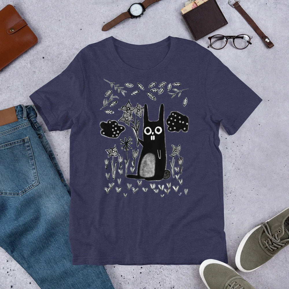 Whimsical garden rabbit graphic T-shirt by PressureDen.store featuring quirky gothic emo style, ideal for birthdays or housewarmings.