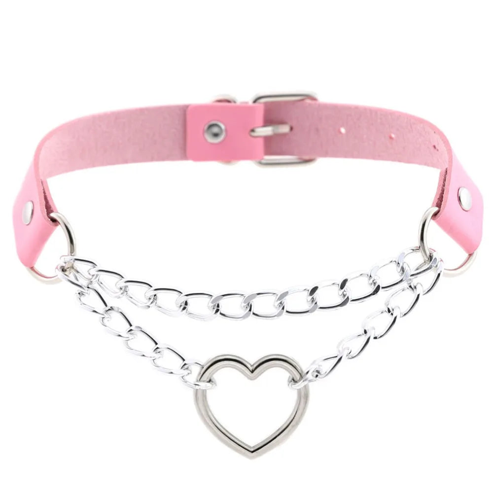 Black leather Gothic heart choker necklace with chain detail, perfect for punk and emo styles.