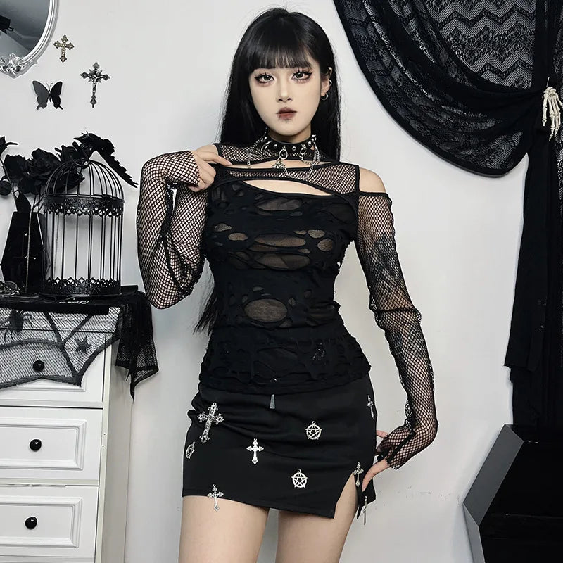 Edgy Frayed Mall Gothic Fishnet Long Sleeve Blouse - Sexy Grunge Punk Streetwear Top for Women
