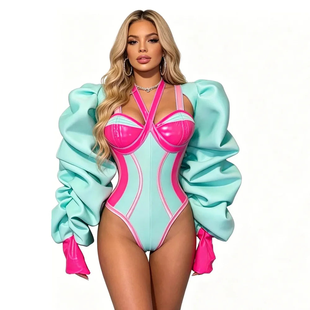 Vibrant Pink and Green Color-Blocked Bodysuit with Bold Bubble Sleeves for Dazzling Drag Performances and Nightclub Nights