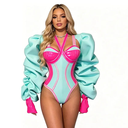 Vibrant Pink and Green Color-Blocked Bodysuit with Bold Bubble Sleeves for Dazzling Drag Performances and Nightclub Nights