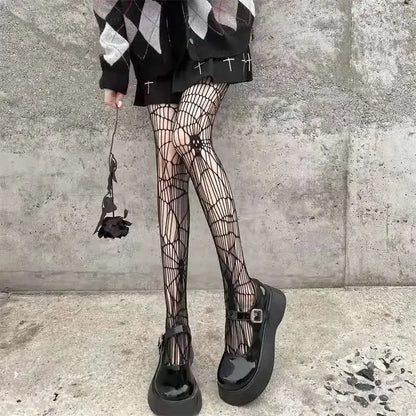 Gothic Big Spider Silk Stockings - Vintage Dark Fishnet Pantyhose for Emo & Alternative Styles