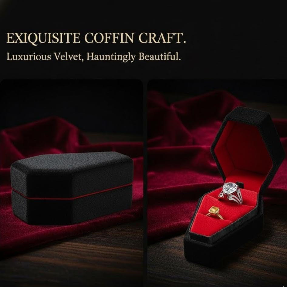 Elegant Gothic coffin-shaped velvet jewelry ring box by CVchancin, featuring a luxurious design for engagement and wedding rings.