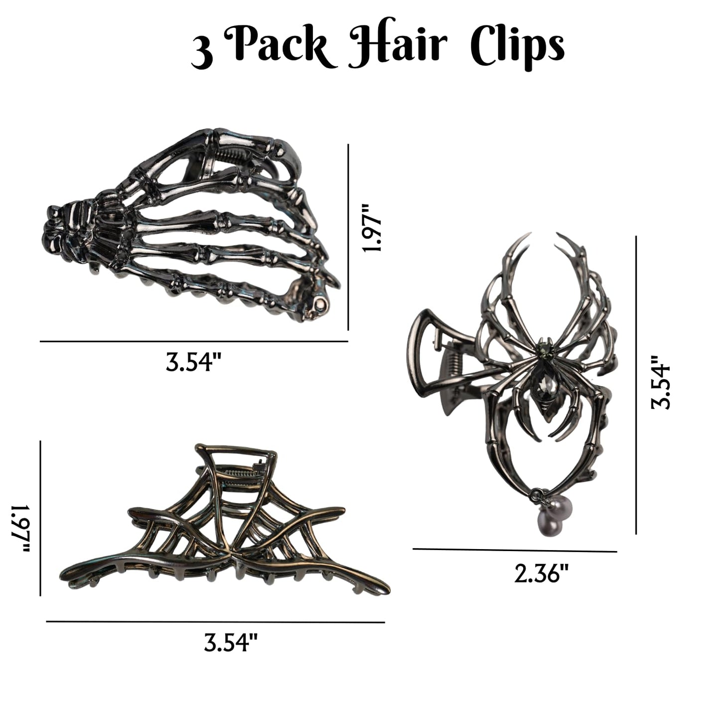 FAIRCHIC Spooky Chic Halloween goth hair claw clips with spider web and bone designs, suitable for all hair types, 3-pack.