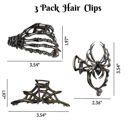 FAIRCHIC Spooky Chic Halloween goth hair claw clips with spider web and bone designs, suitable for all hair types, 3-pack.