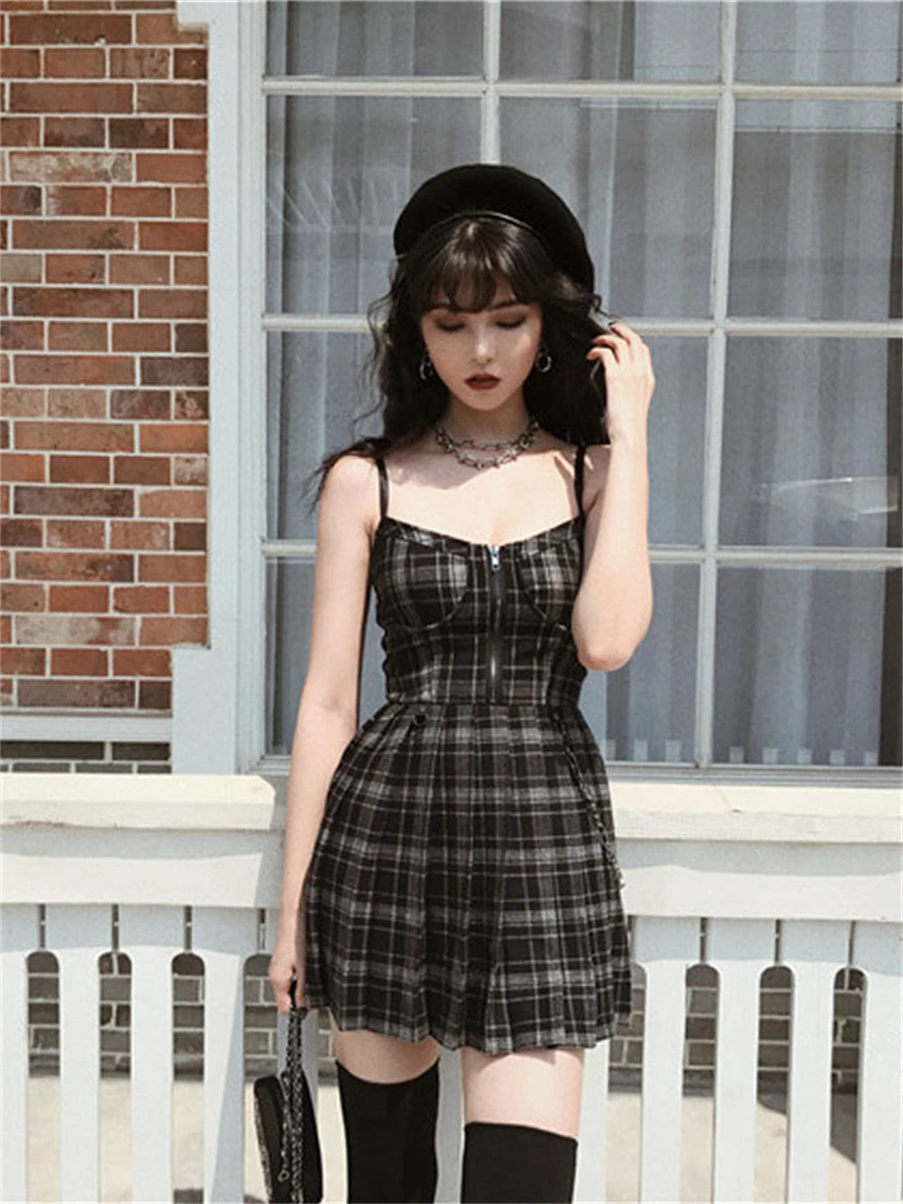 Gothic Lolita plaid mini dress with spaghetti straps, Y2K Egirl punk style, perfect for emo alt streetwear, by PressureDen.store