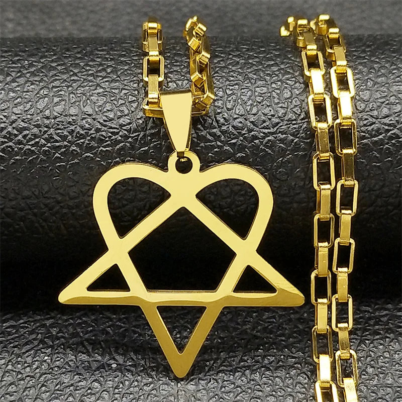 Heartagram star necklace in stainless steel, goth punk jewelry for men and women, featuring a bold hip hop rock chain design.