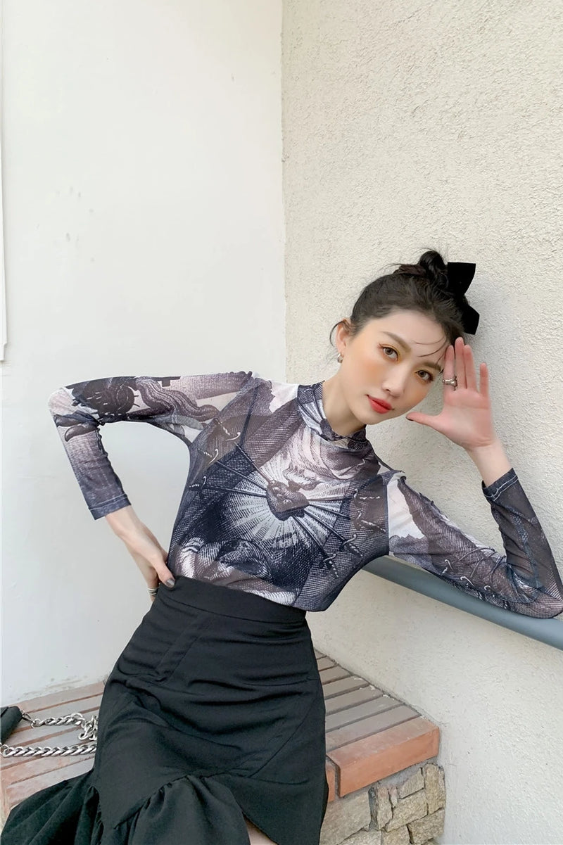 Gothic mesh long sleeve turtleneck top for women with see-through graphic design, stylish and trendy pressureDen.store fashion.