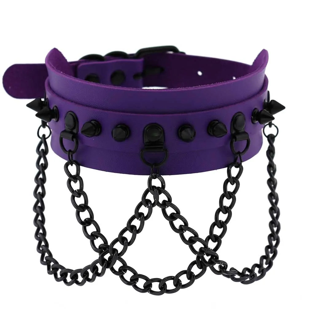 Purple goth punk leather choker necklace with black rivets and metal chain, edgy emo unisex accessory in harajuku style.