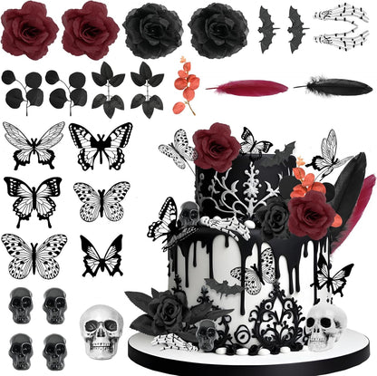 Gothic Cake Decorations - 26PCS Black Cake Toppers with Red Black Rose, Skull, Butterfly Cupcake Toppers for Goth Birthday, Wedding, Halloween