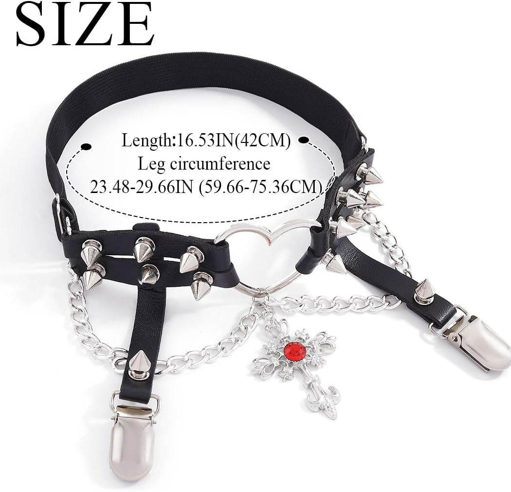 Cross Leg Garter with Buckle Anti-Slip Clips Heart Black Garter Belt Studded Gothic Elastic Adjustable Rave Thigh Harness for Women