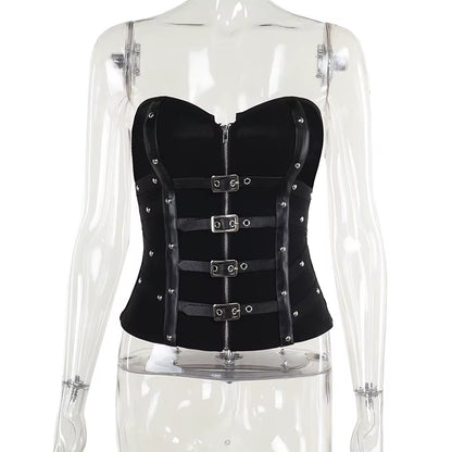 Black leather punk grunge corset top with buckle straps, Y2K coquette gothic streetwear style, worn as a statement vest.