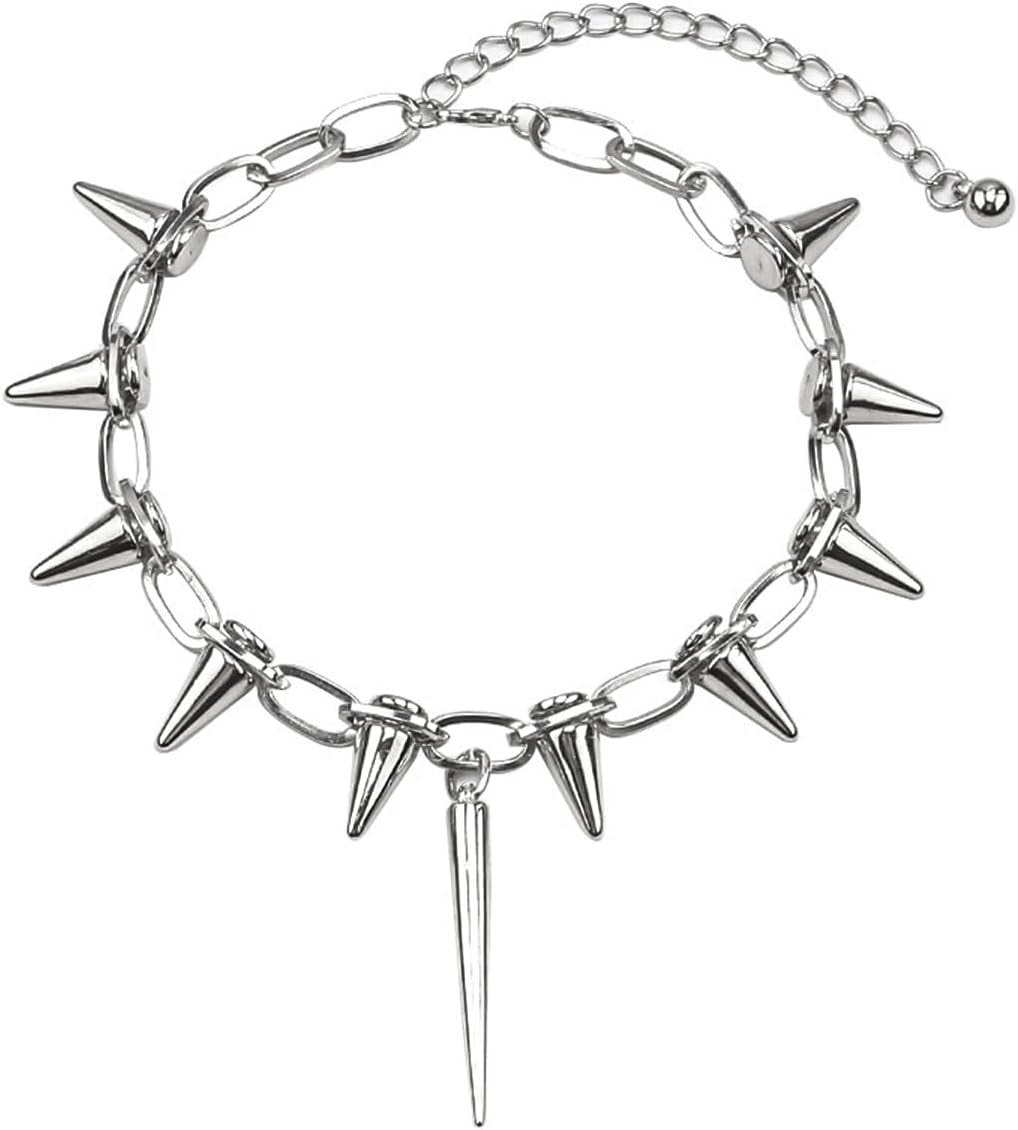 Silver spiked choker necklace with rivets and chain design, unisex goth jewelry suitable for parties and nightclubs.
