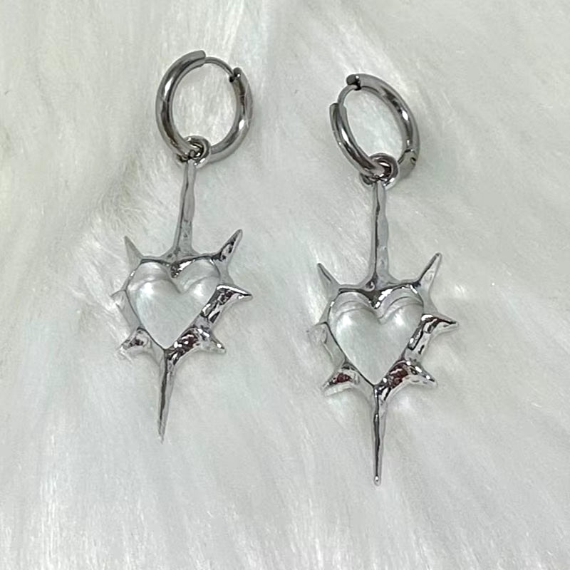 Gothic Thorn Heart Cross Earrings for women, trendy Korean punk grunge jewelry with dark metal design and intricate cross and heart details.