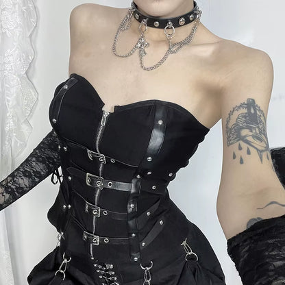 Edgy punk grunge leather corset top with buckle straps, Y2K coquette gothic streetwear style, black alternative vest.