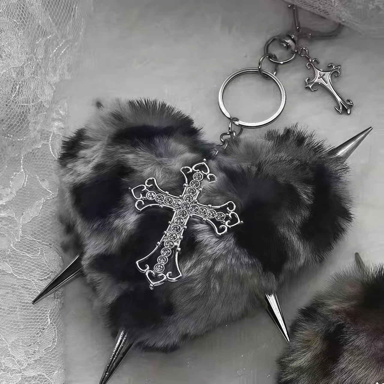 Leopard print punk rivet cross keychain with heart detail, goth style grunge accessory for bags, by PressureDen.store