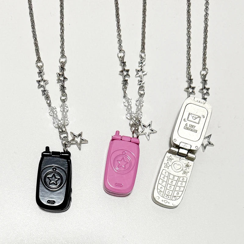 Punk 90S Aesthetic Pink Phone Pendant Necklace for Women Cartoon Goth Star Beads Pendant Y2K Necklace Jewelry Harajuku Fashion