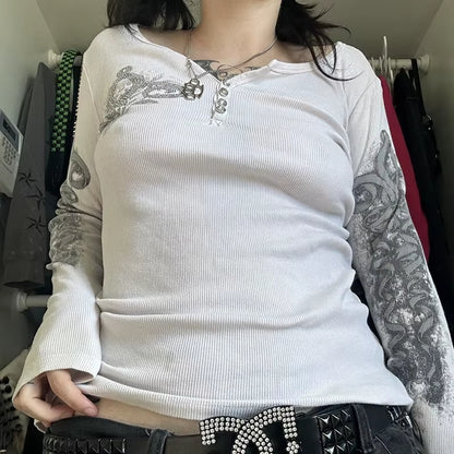 Long sleeve Y2K cyber grunge T-shirt for women with patchwork design, gothic style, and retro Harajuku influences.