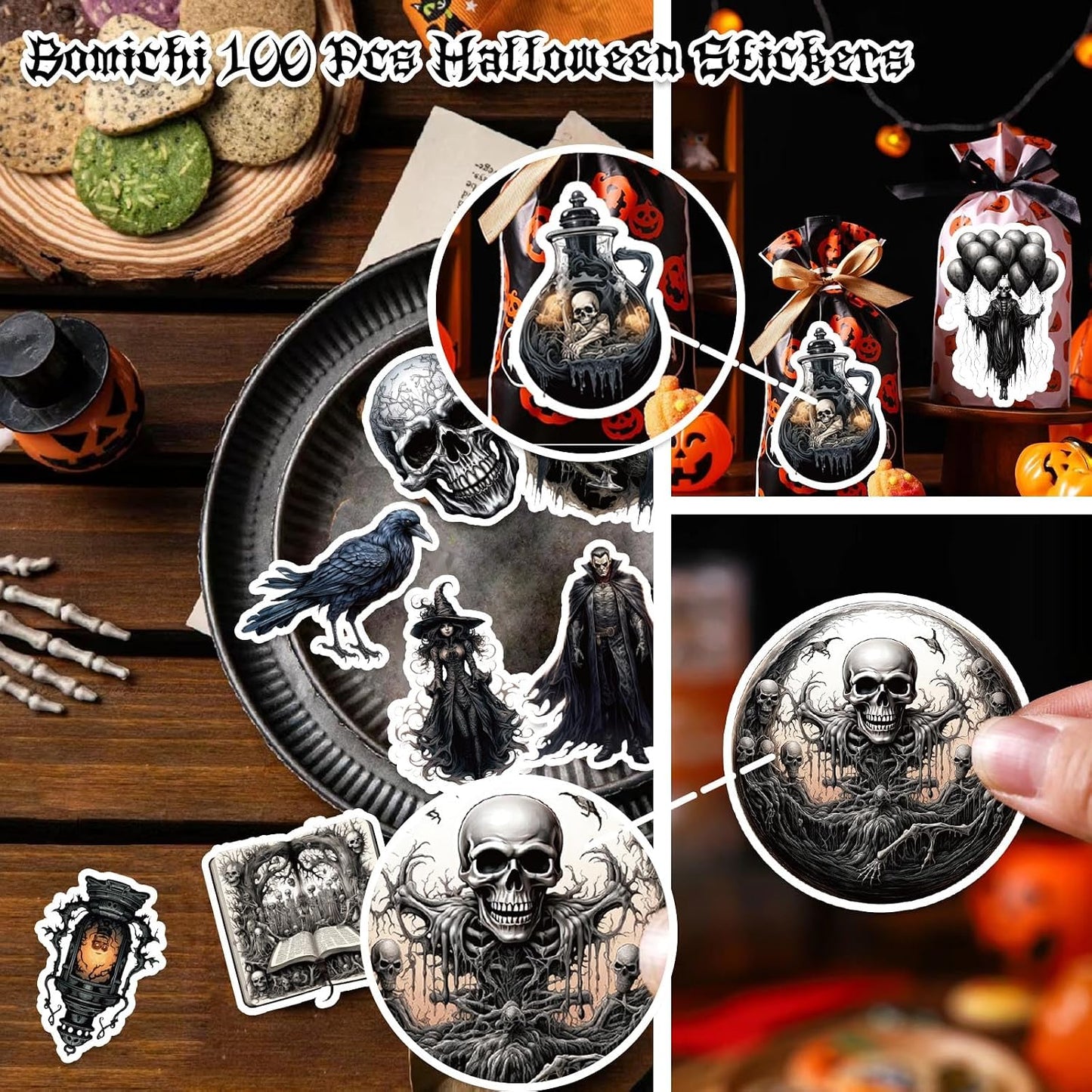 100 Pcs Goth Stickers, Retro Horriblr Skull Stickers for Adult, Scrapbook, Junk Journal, Collages, Decoration, Waterproof Vinyl Stickers for Laptop, Window, Water Bottles