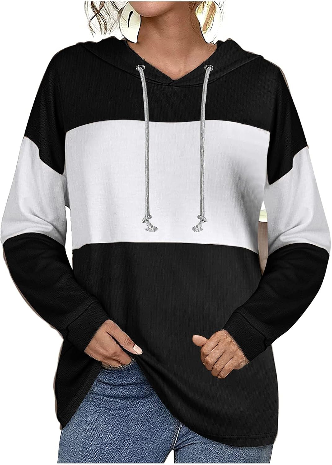 Color block hoodie sweatshirt for women by Akklian, featuring a cozy long sleeve design with drawstring and stylish color blocking.