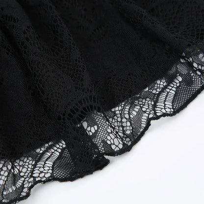 Black lace trim goth Y2K mini skirt for women featuring bow detail, A-line cut, Korean streetwear style from PressureDen.store.