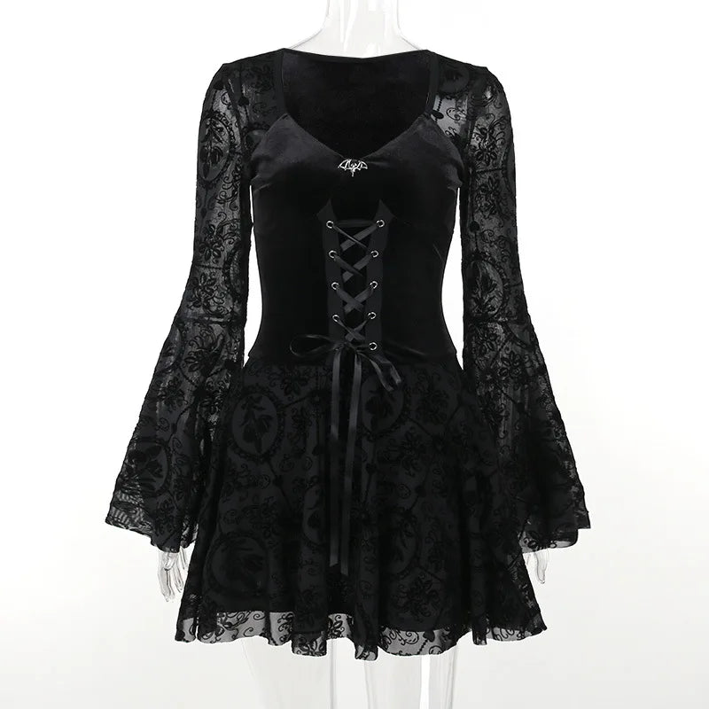 Vintage gothic velvet dress with flare sleeves, perfect for punk and grunge party styles, by PressureDen.store