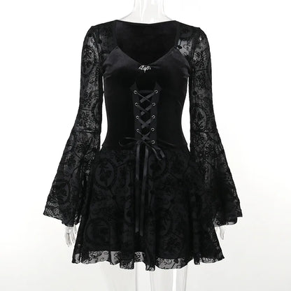 Vintage gothic velvet dress with flare sleeves, perfect for punk and grunge party styles, by PressureDen.store
