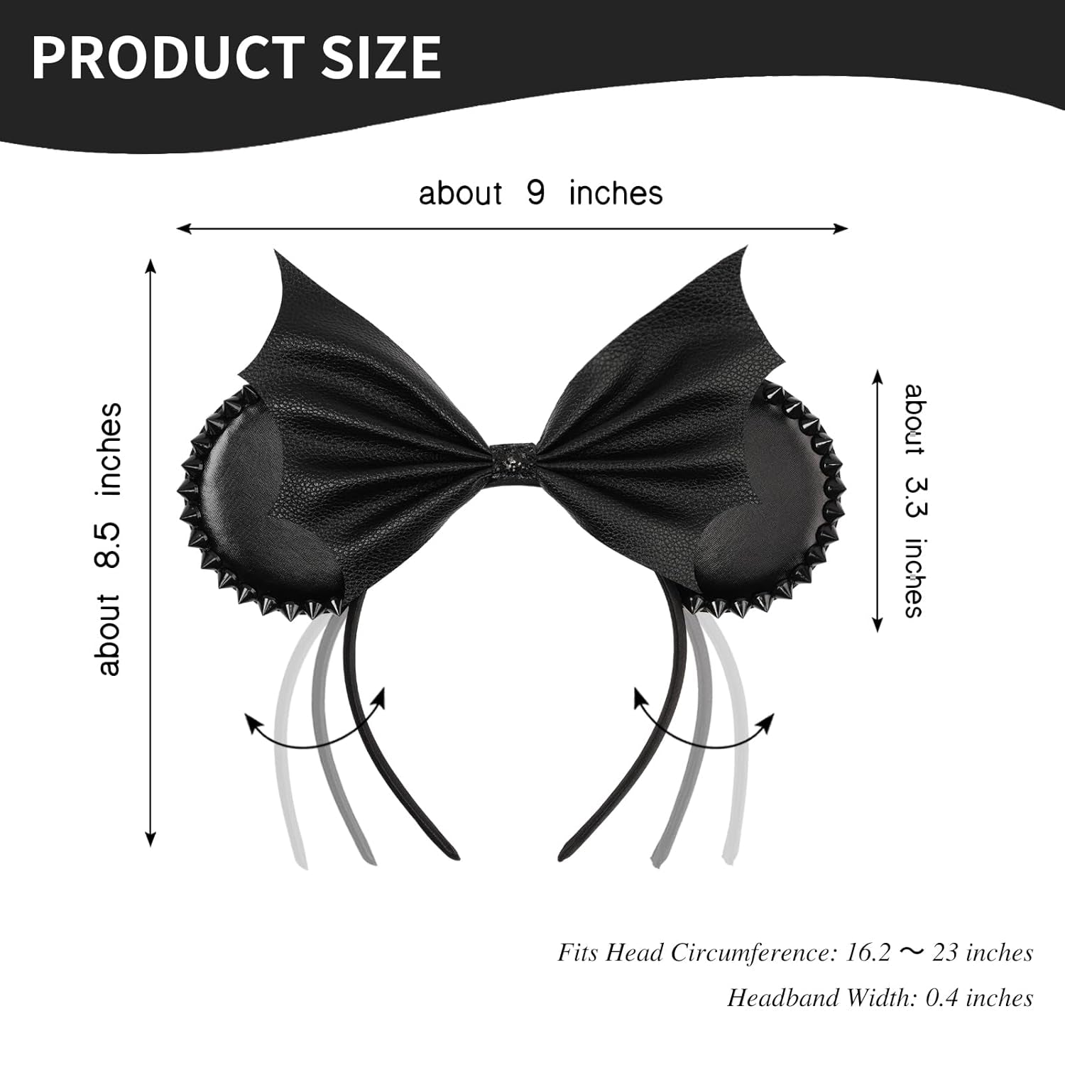 Bianbai Black Faux Leather Mouse Ear Headband with Bat - Wing Bow & Spiked Accents - Goth - Punk Halloween, Cosplay & Theme Park Essential