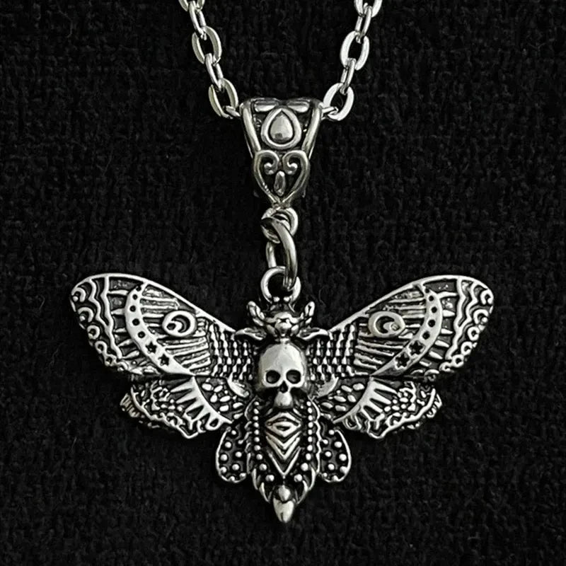 Gothic silver death moth necklace with 18-inch chain and sugar skull butterfly pendant, ideal for emo rock style accessories.