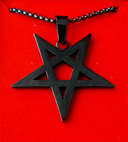 Gothic inverted pentagram necklace with occult design, black chain and silver pendant, perfect for witch and occult jewelry enthusiasts.