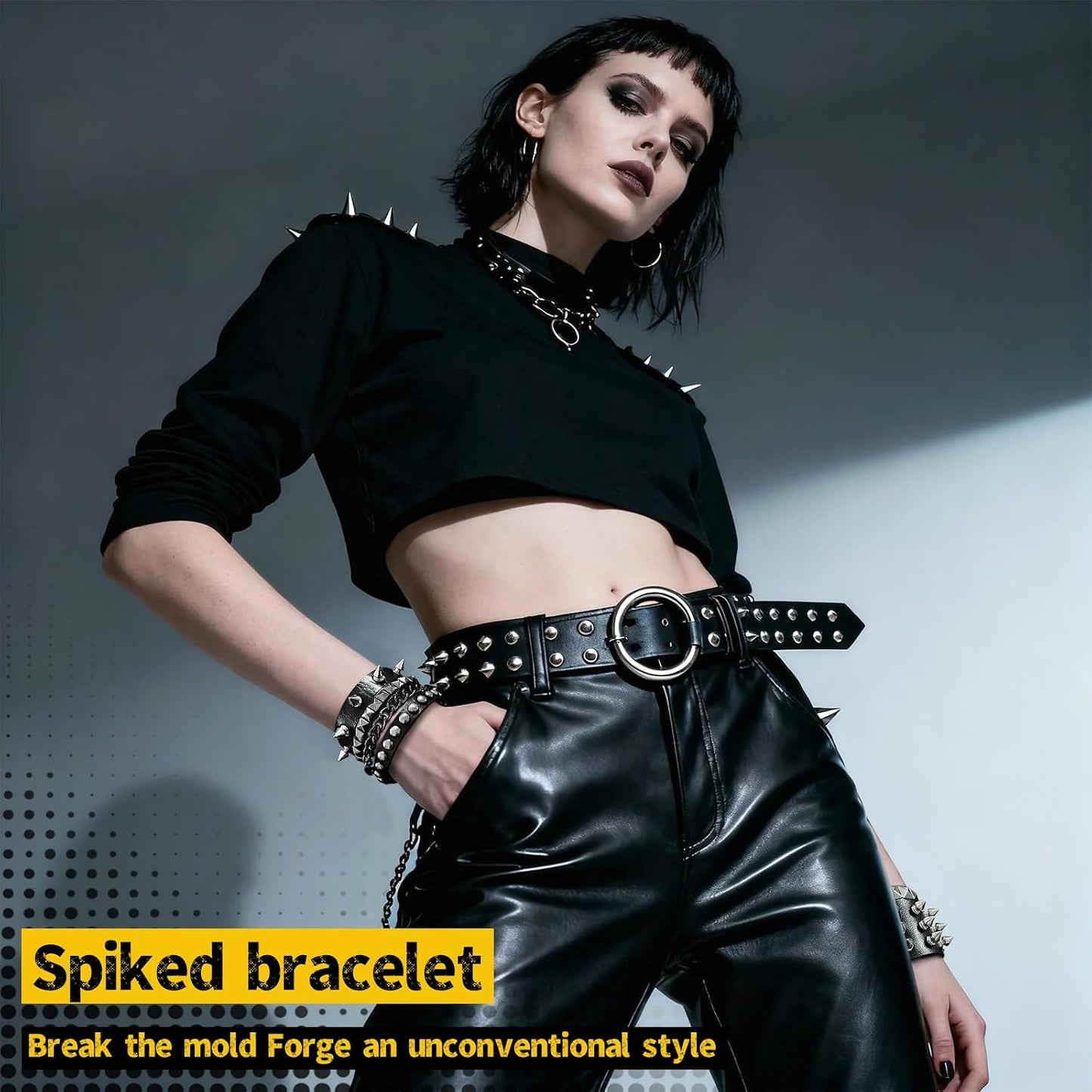 Spike Bracelet for Men & Women | Adjustable Black Leather Punk Bracelets with Studs & Rivets | Goth Rock Biker Wristband