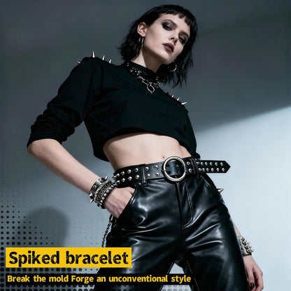 Spike Bracelet for Men & Women | Adjustable Black Leather Punk Bracelets with Studs & Rivets | Goth Rock Biker Wristband