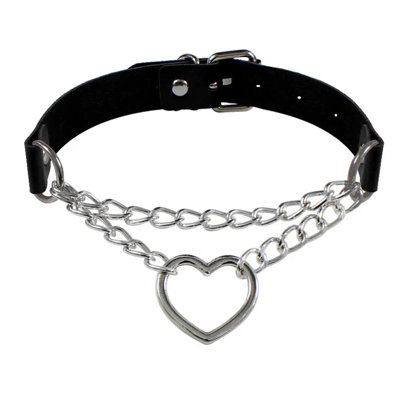 Black leather spike choker necklace with gothic punk style, featuring metal spikes for edgy party and festival fashion.