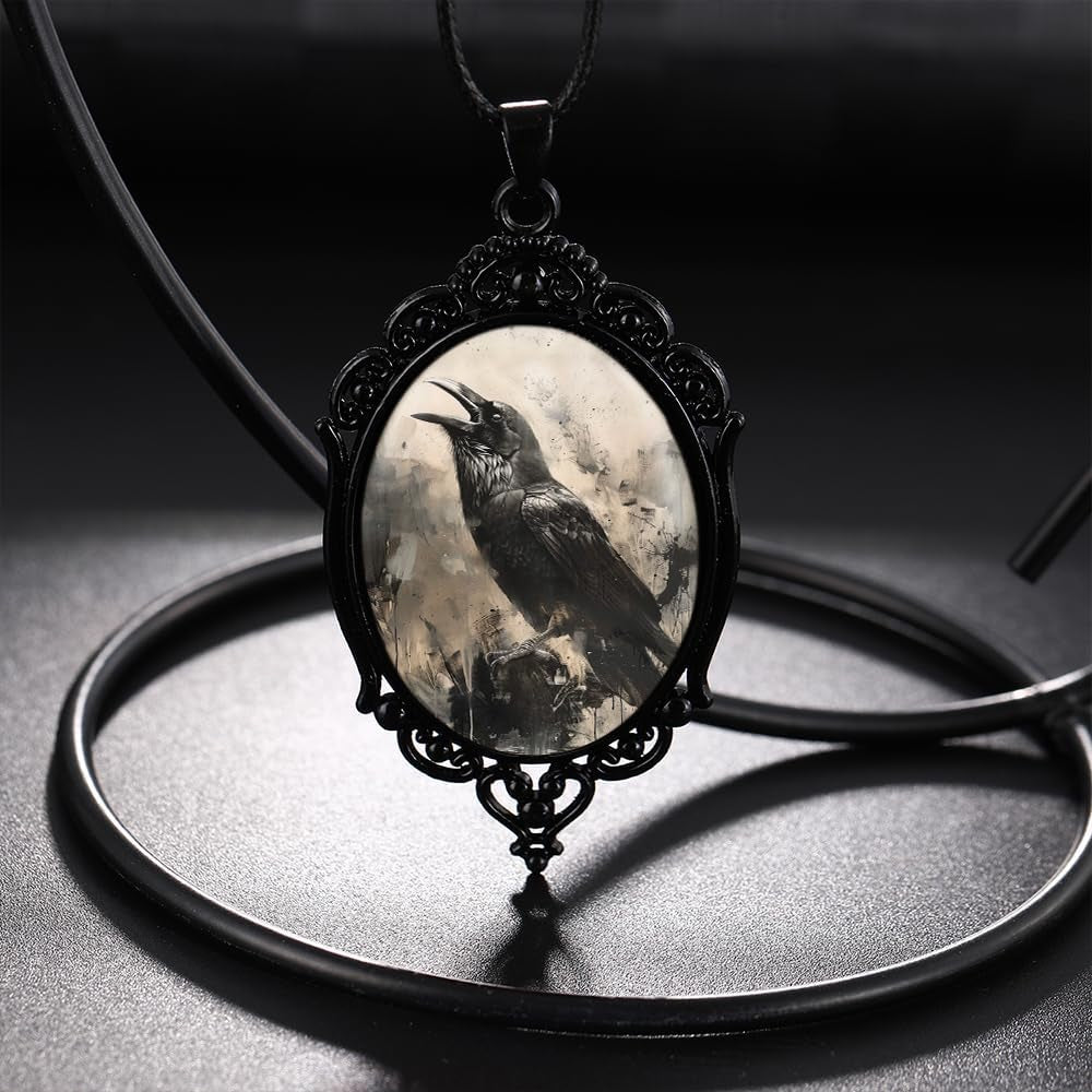 Goth Raven Cameo Necklace - Gothic Crow Pendant, Vintage Halloween Witch Jewelry for Women