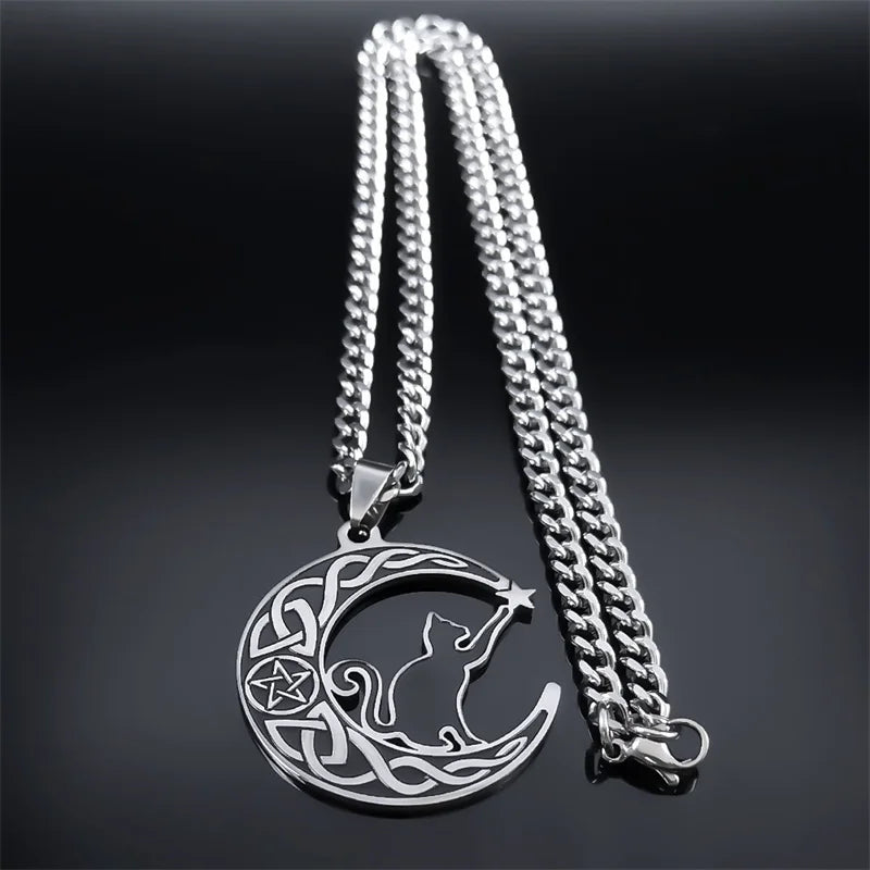 Stainless steel Gothic cat crescent moon necklace with pentagram and Celtic knot design, witch jewelry for women.