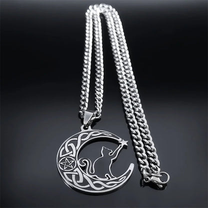 Stainless steel Gothic cat crescent moon necklace with pentagram and Celtic knot design, witch jewelry for women.