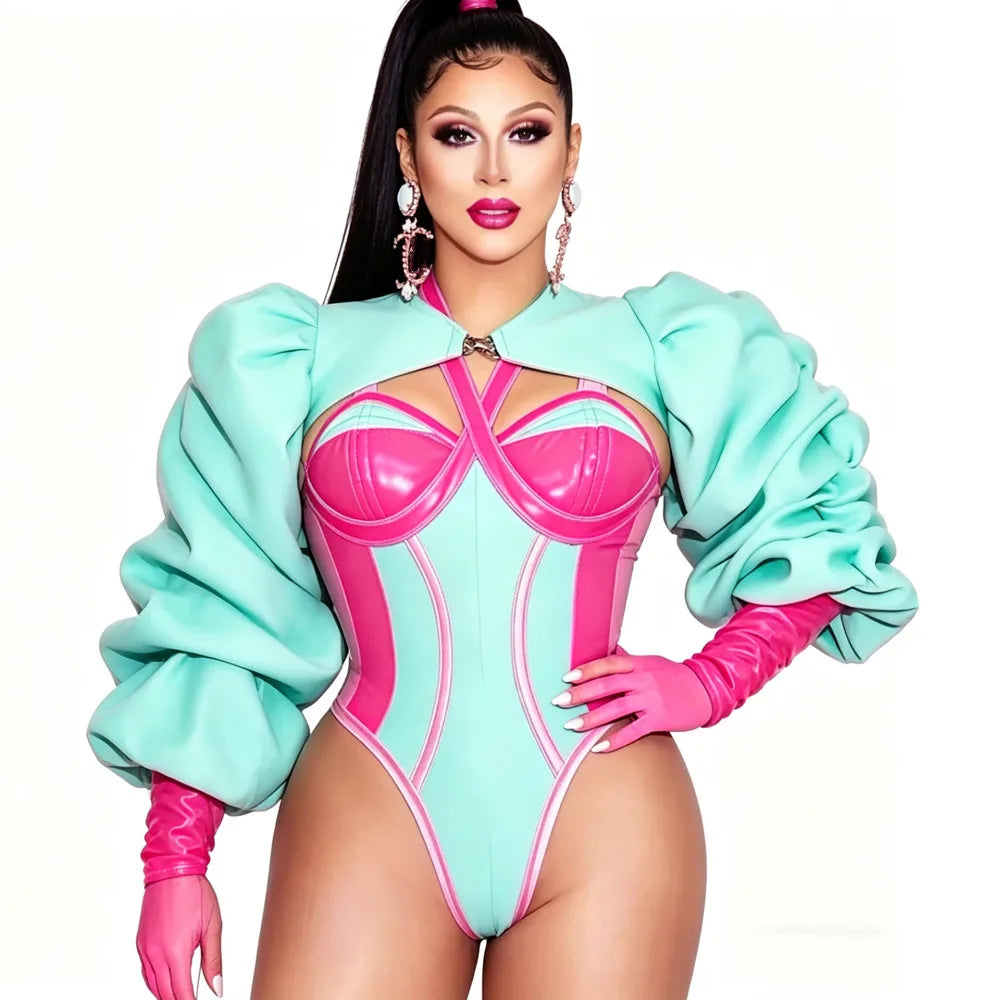 Vibrant Pink and Green Color-Blocked Bodysuit with Bold Bubble Sleeves for Dazzling Drag Performances and Nightclub Nights