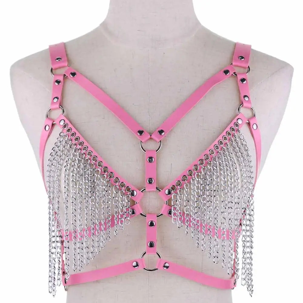 Leather Chain Harness Body Chain Bra Goth Punk Sexy Chain Top Women Body Jewelry Summer Festival Fashion Rave Outfit