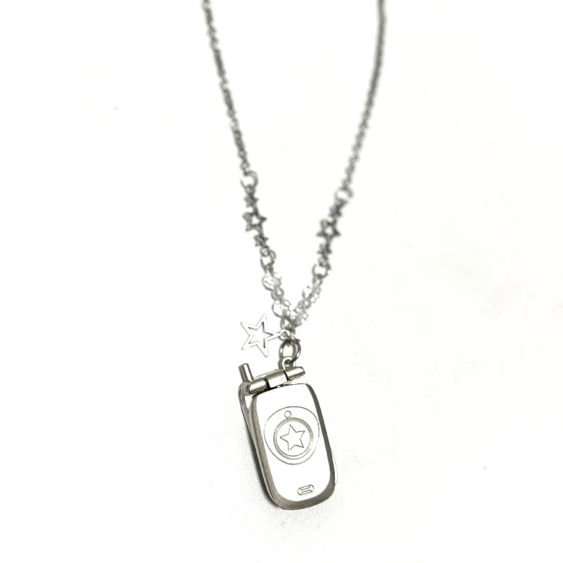 Punk 90S Aesthetic Pink Phone Pendant Necklace for Women Cartoon Goth Star Beads Pendant Y2K Necklace Jewelry Harajuku Fashion