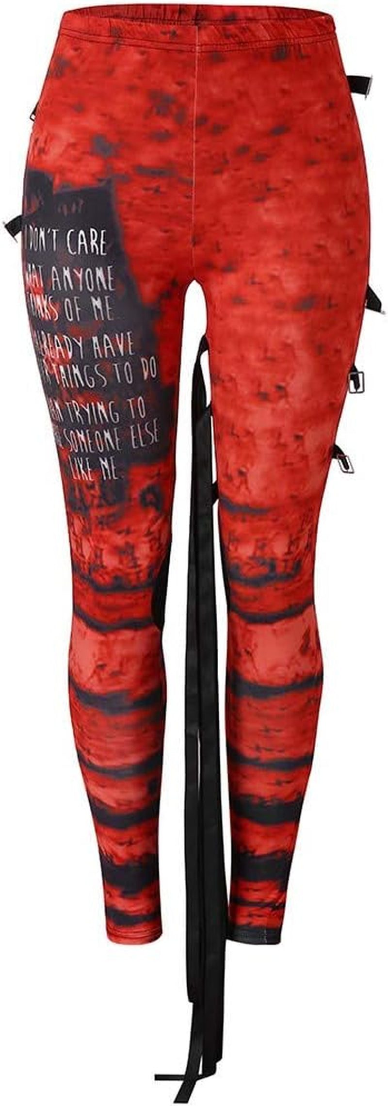 Gothic steampunk distressed skinny leggings with belt strap, featuring retro tie-dye design and jogger style for women.