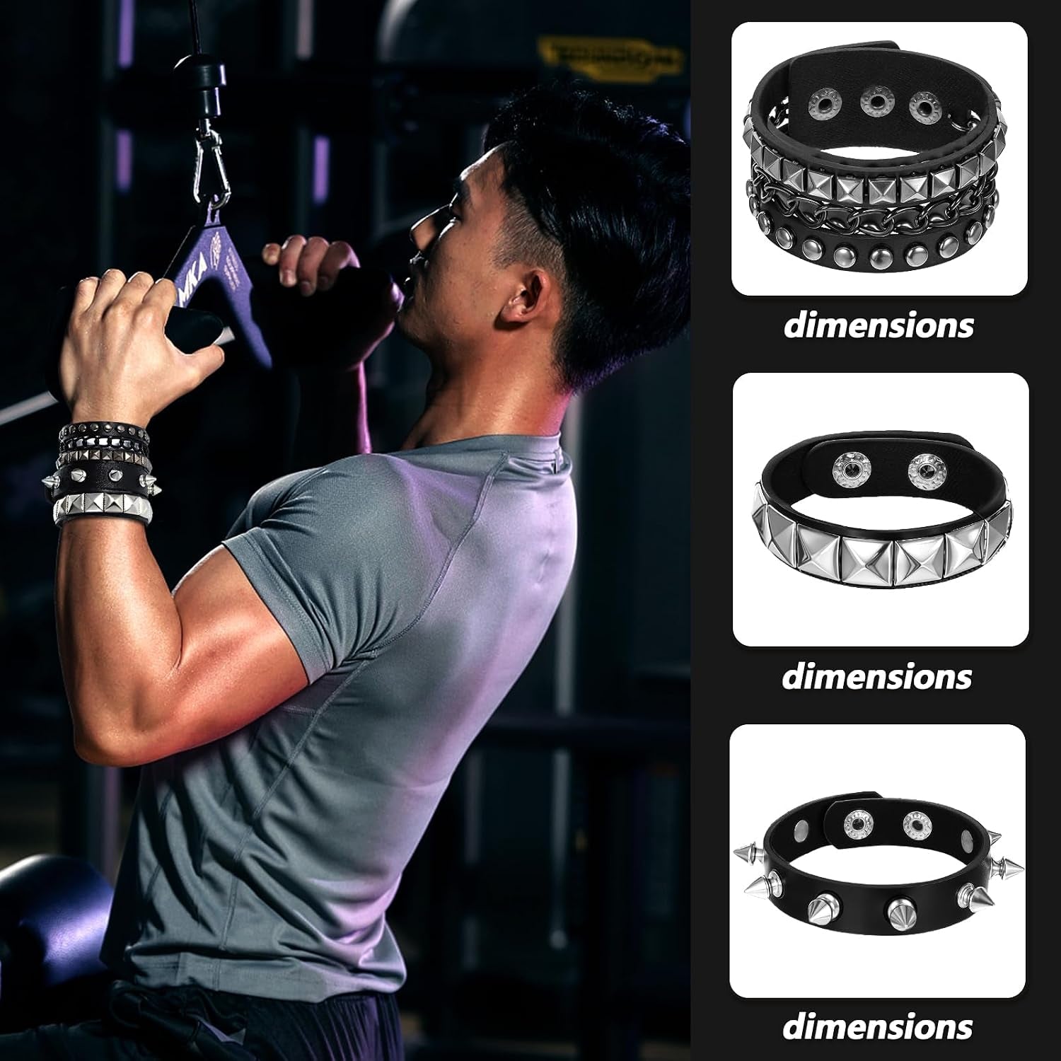 YUXIANLB edgy 3-piece punk rock studded bracelet set featuring adjustable spiked cuffs for emo and goth fashion styles.