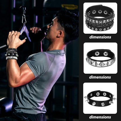 YUXIANLB edgy 3-piece punk rock studded bracelet set featuring adjustable spiked cuffs for emo and goth fashion styles.