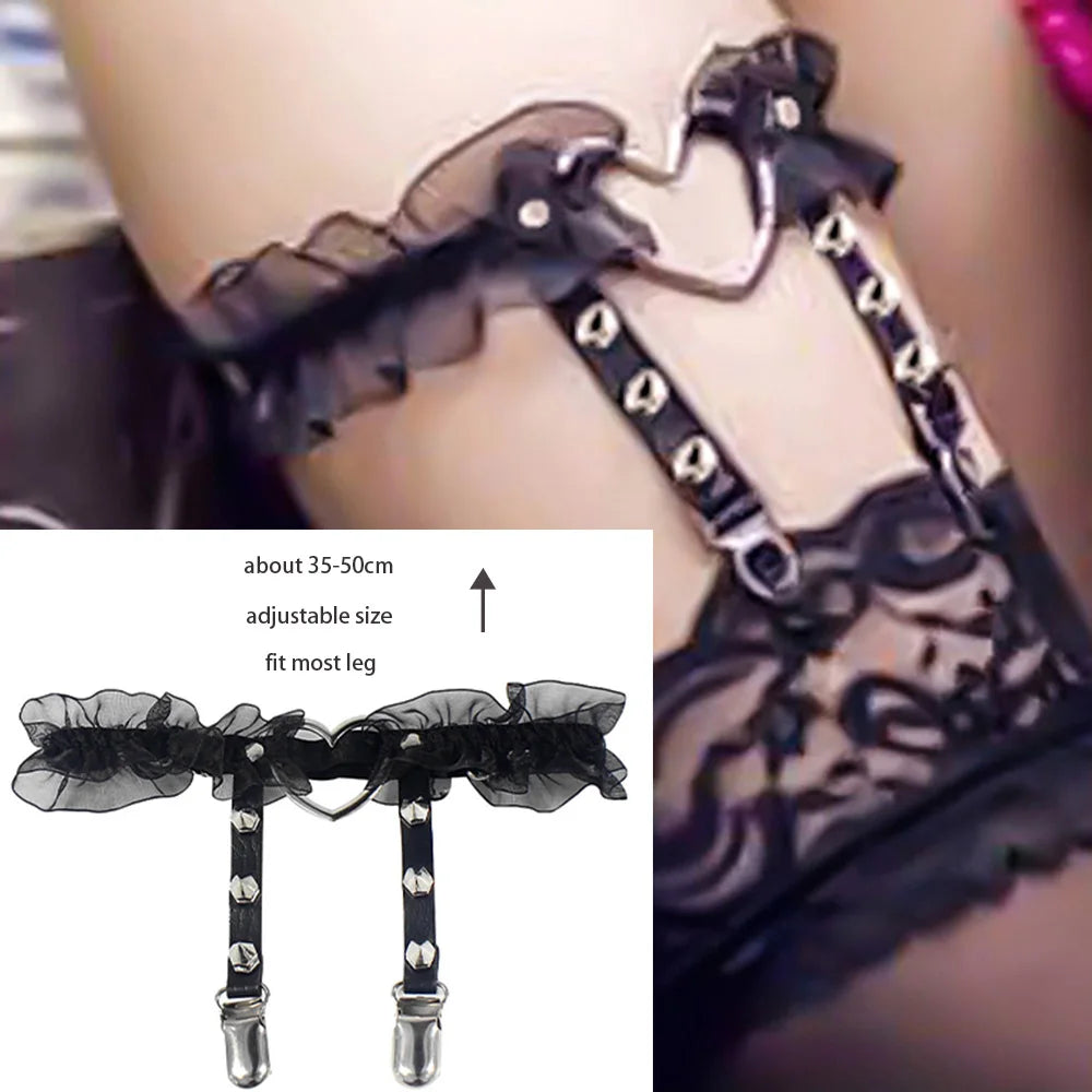 Sexy Leather Heart Belt Elastic Leg Thigh Garter Girl Women Harness Goth Accessories Black Gothic Rivet Punk Anklet