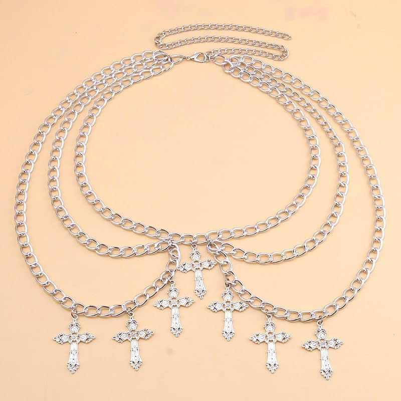 ANGLEQUEEN edgy gothic cross waist chain for women, trendy punk hip hop belly chain with grunge style, perfect for Halloween accessories.