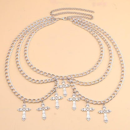 ANGLEQUEEN edgy gothic cross waist chain for women, trendy punk hip hop belly chain with grunge style, perfect for Halloween accessories.