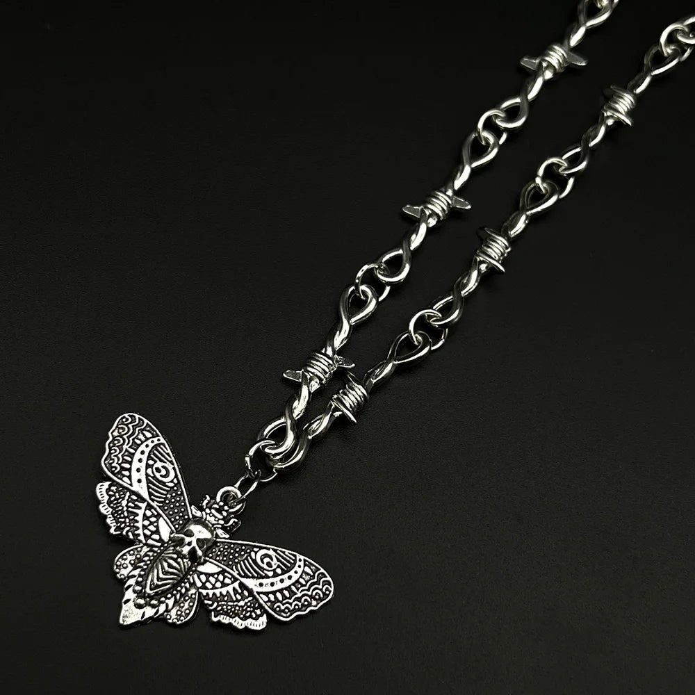 Goth Moth Skull Barbed Wire Cross Pendant Choker Necklace Punk Hip Hop Jewelry Y2K Vampire Little Thorns Chain Choker Gift